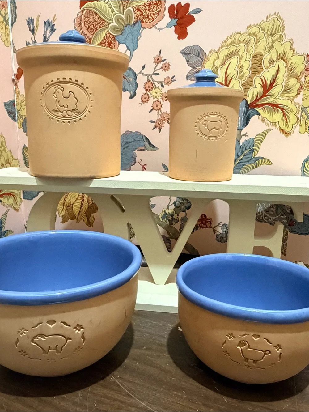 Blue-Trim Ceramic Canisters & Bowls Set